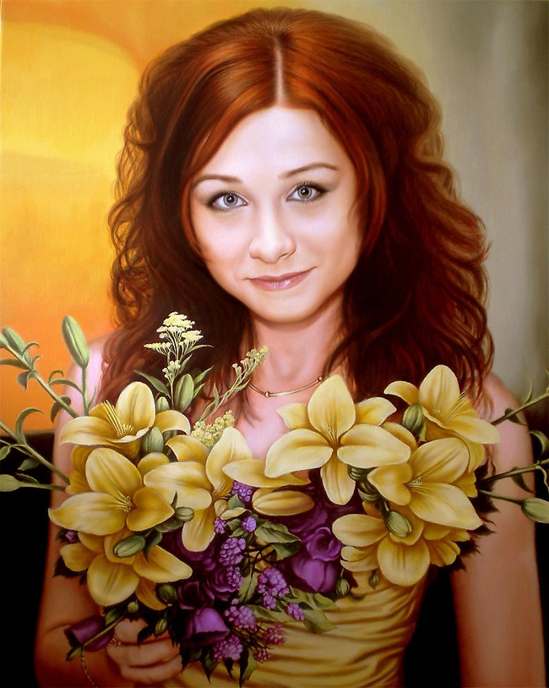 Девушка с букетом цветов портрет