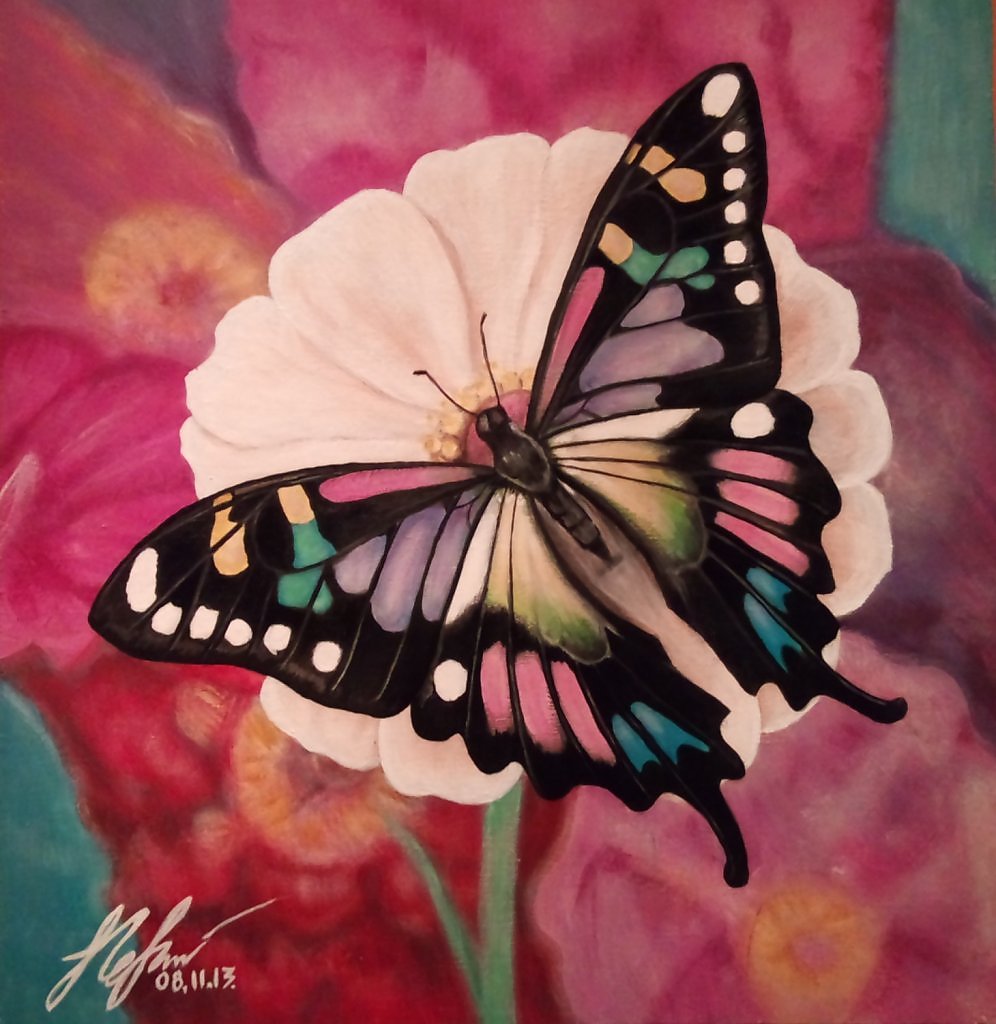 Бабочка на цветке гуашью