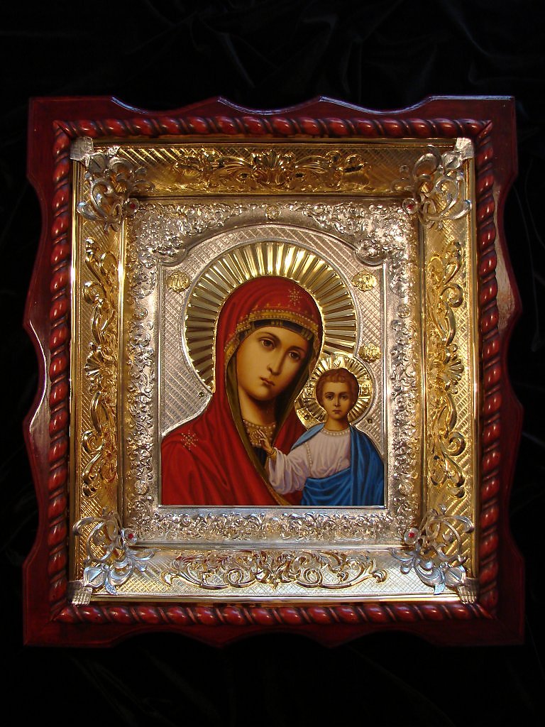 Икона Богородица Тихвинская в чеканном окладе 00121-23